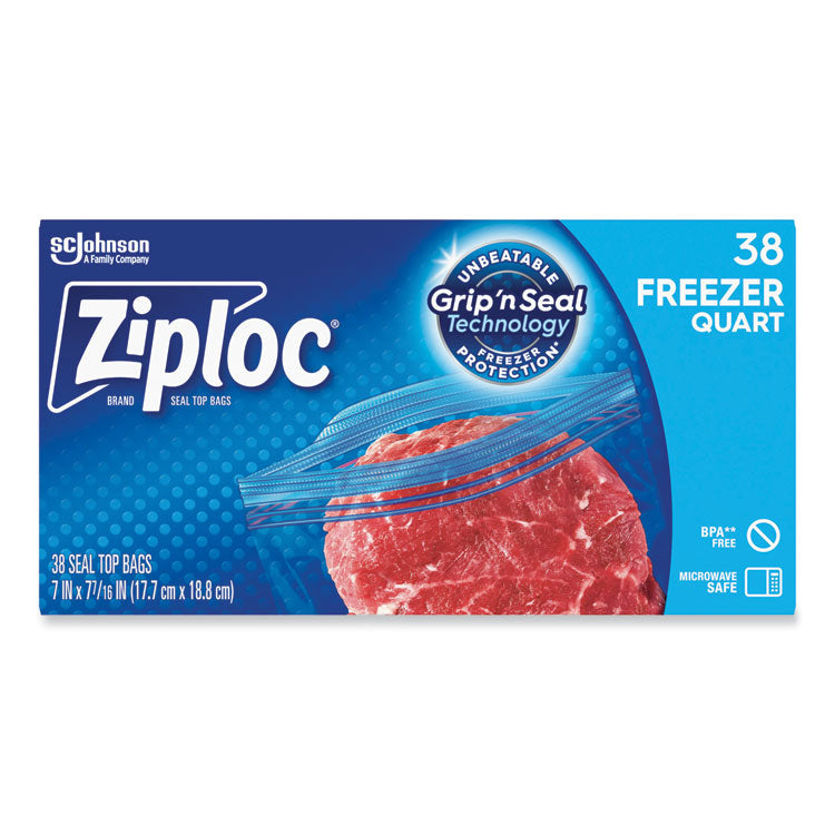 Ziploc® Double Zipper Freezer Bags, 1 qt, 2.7 mil, 6.97" x 7.7", Clear, 38 Bags/Box, 9 Boxes/Carton (SJN314444)
