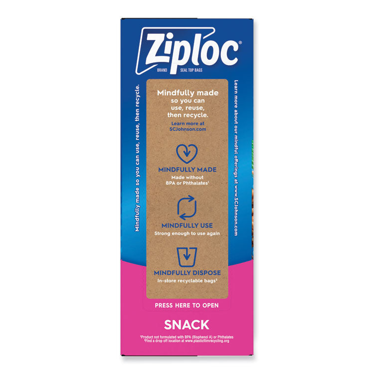 Ziploc® Seal Top Snack Bags, 10 oz, 6.5" x 3.25", Clear, 90 Bags/Box, 12 Boxes/Carton (SJN315892)