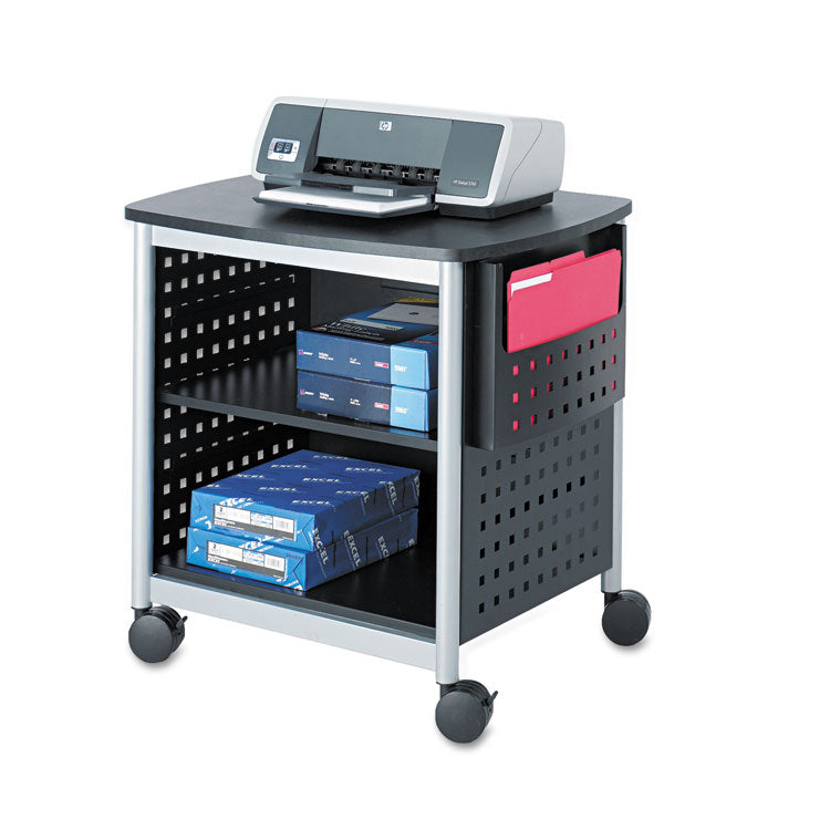 Safco® Scoot Deskside Printer Stand, File Pocket, Metal, 3 Shelves, 1 Bin, 200 lb Capacity, 26.5 x 20.5 x 26.5, Black/Silver (SAF1856BL) Each