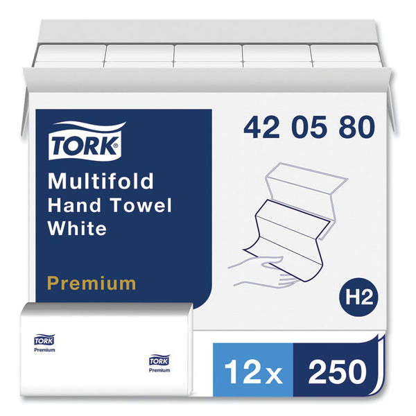 Tork® Premium Multifold Towel, 1-Ply, 9 x 9.5, White, 250/Pack, 12 Packs/Carton (TRK420580)