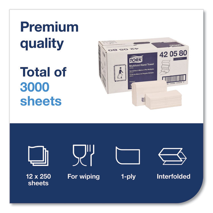 Tork® Premium Multifold Towel, 1-Ply, 9 x 9.5, White, 250/Pack, 12 Packs/Carton (TRK420580) Case of 3,000