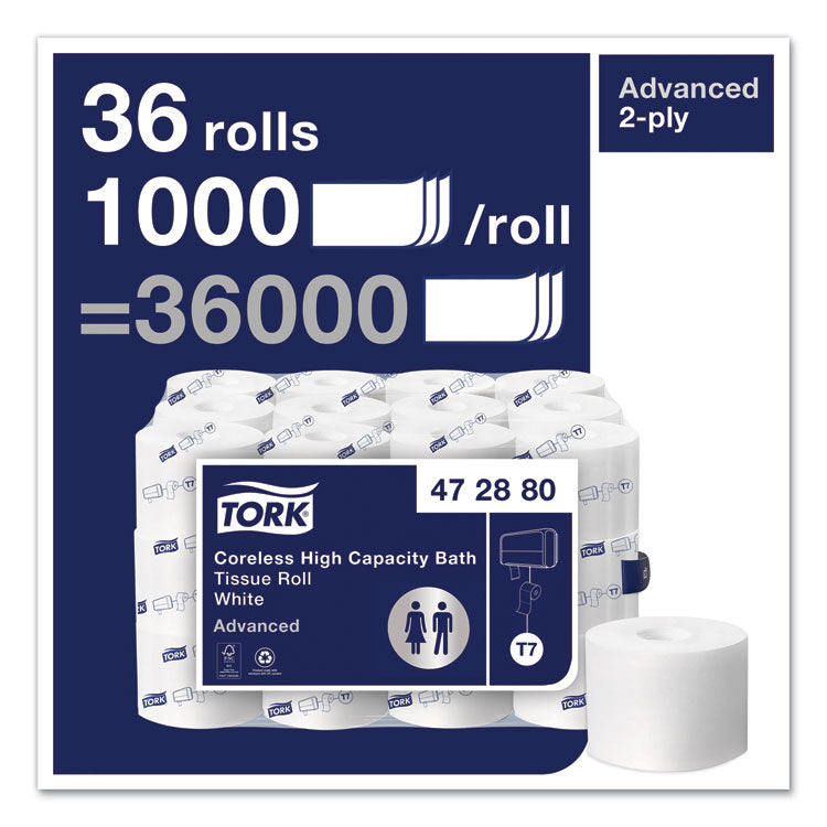 Tork® Advanced High Capacity Bath Tissue, Septic Safe, 2-Ply, Coreless, White, 1,000 Sheets/Roll, 36 Rolls/Carton (TRK472880)