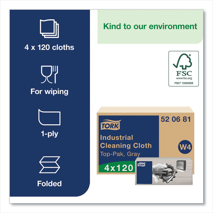 Tork® Industrial Cleaning Cloths, 1-Ply, 16.34 x 14, Gray, 120 Wipes/Pack, 4 Packs/Carton (TRK520681)