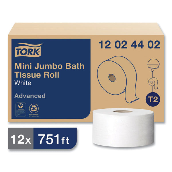 Tork® Advanced Mini-Jumbo Roll Bath Tissue, Septic Safe, 2-Ply, White, 3.48" x 751 ft, 12 Rolls/Carton (TRK12024402)