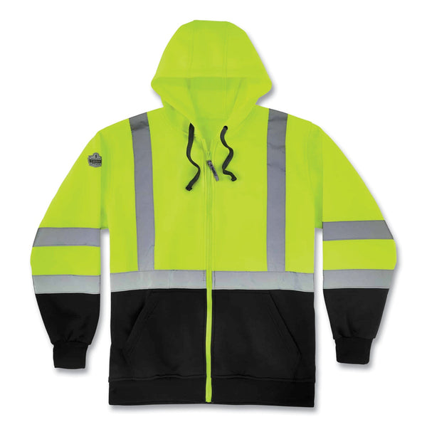 Ergodyne® GloWear 8372 ZipUp HiVis Class 3 Zip Hood Sweatshirt w/ Black Bottom, Polar Fleece, Lime, Medium (EGO21849) Each