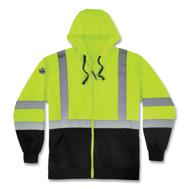 Ergodyne® GloWear 8372 ZipUp HiVis Class 3 Zip Hood Sweatshirt w/ Black Bottom, Polar Fleece, Lime, Medium (EGO21849) Each