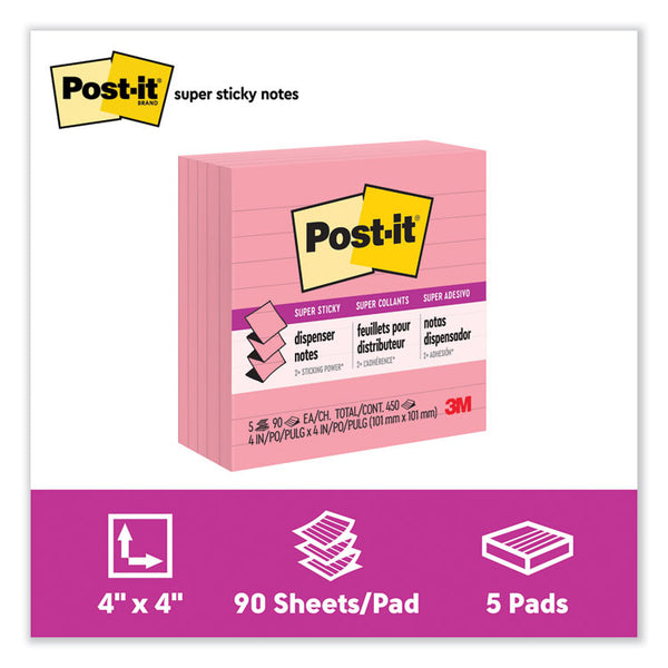 Post-it® Pop-up Notes Super Sticky Pop-up Notes Refill, Note Ruled, 4" x 4", Neon Pink, 90 Sheets/Pad, 5 Pads/Pack (MMMR440NPSS)