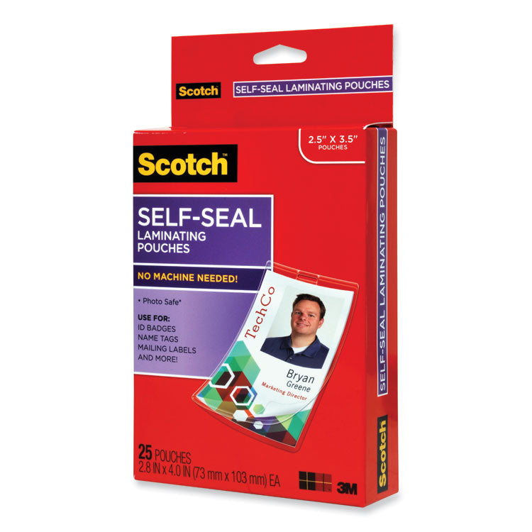 Scotch™ Self-Sealing Laminating Pouches, 12.5 mil, 2.31" x 4.06", Gloss Clear, 25/Pack (MMMLS852G)