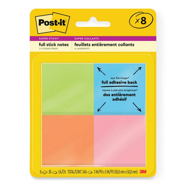 Post-it® Notes Super Sticky Full Stick Notes, 2" x 2", Energy Boost Collection Colors, 25 Sheets/Pad, 8 Pads/Pack (MMMF2208SSAU)