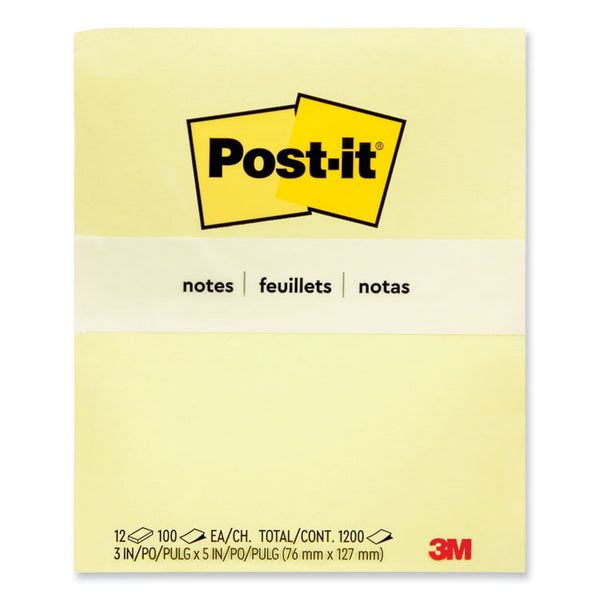 Post-it® Notes Original Pads in Canary Yellow, 3" x 5", 100 Sheets/Pad, 12 Pads/Pack (MMM655YW)