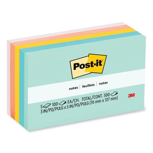 Post-it® Notes Original Pads in Beachside Cafe Collection Colors, 3" x 5", 100 Sheets/Pad, 5 Pads/Pack (MMM655AST) Pack of 5