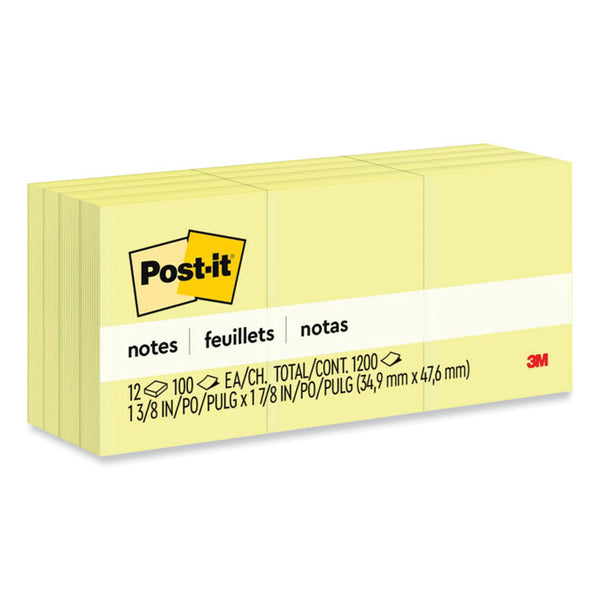 Post-it® Notes Original Pads in Canary Yellow, 1.38" x 1.88", 100 Sheets/Pad, 12 Pads/Pack (MMM653YW) Pack of 12