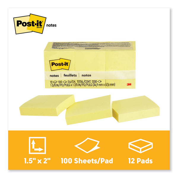 Post-it® Notes Original Pads in Canary Yellow, 1.38" x 1.88", 100 Sheets/Pad, 12 Pads/Pack (MMM653YW) Pack of 12