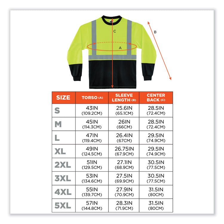 ergodyne® GloWear 8281BK Class 2 Long Sleeve Shirt with Black Bottom, Polyester, 5X-Large, Lime, Ships in 1-3 Business Days (EGO22639) Each