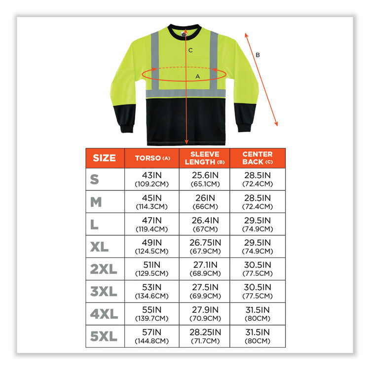 ergodyne® GloWear 8291BK Type R Class 2 Black Front Long Sleeve T-Shirt, Polyester, X-Large, Lime, Ships in 1-3 Business Days (EGO22705) Each