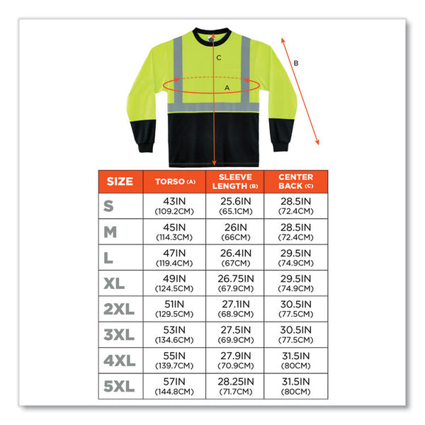 ergodyne® GloWear 8291BK Type R Class 2 Black Front Long Sleeve T-Shirt, Polyester, 3X-Large, Lime, Ships in 1-3 Business Days (EGO22707) Each