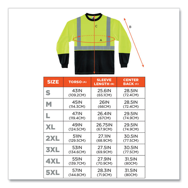ergodyne® GloWear 8281BK Class 2 Long Sleeve Shirt with Black Bottom, Polyester, X-Large, Lime, Ships in 1-3 Business Days (EGO22635) Each
