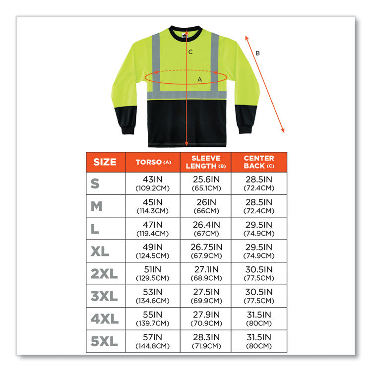 ergodyne® GloWear 8281BK Class 2 Long Sleeve Shirt with Black Bottom, Polyester, 2X-Large, Lime, Ships in 1-3 Business Days (EGO22636) Each