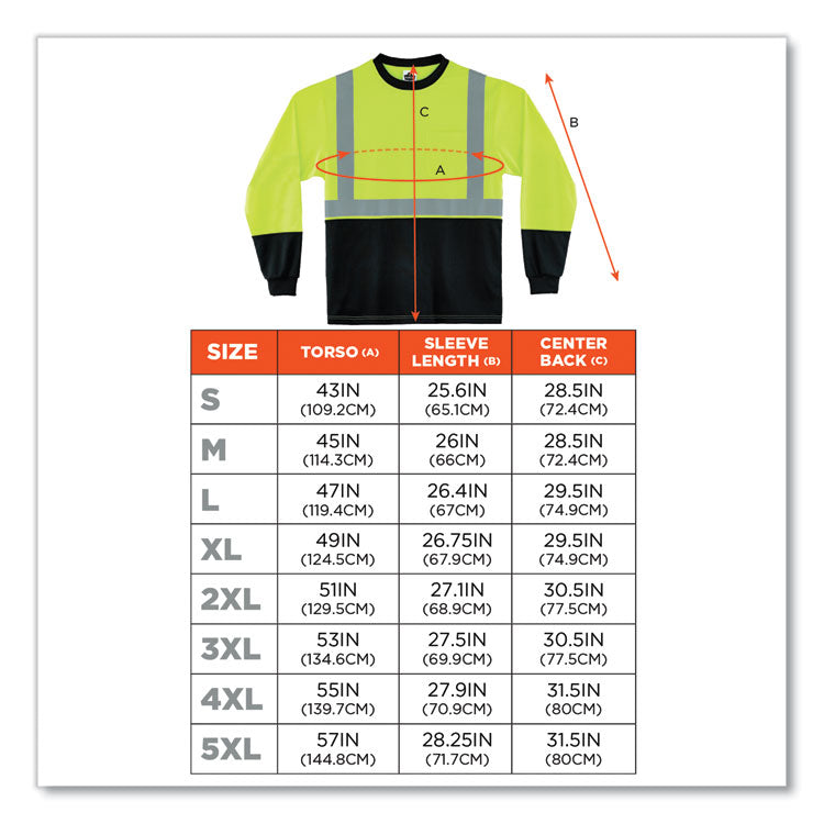 ergodyne® GloWear 8291BK Type R Class 2 Black Front Long Sleeve T-Shirt, Polyester, Small, Lime, Ships in 1-3 Business Days (EGO22702) Each