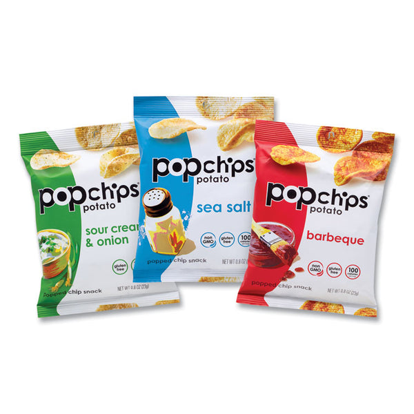 popchips® Potato Chips, Variety Pack, Barbeque, Sea Salt, Sour Cream and Onion, 0.8 oz Bag, 30/Pack, Ships in 1-3 Business Days (GRR22001998)