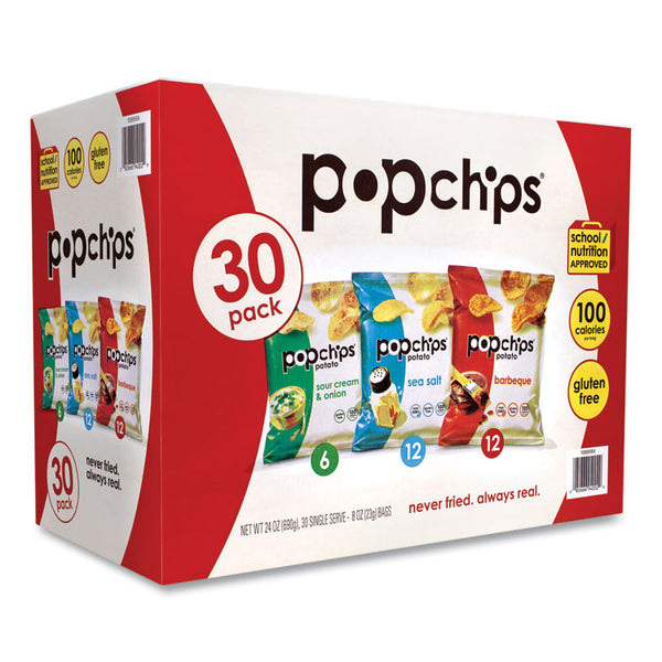 popchips® Potato Chips, Variety Pack, Barbeque, Sea Salt, Sour Cream and Onion, 0.8 oz Bag, 30/Pack, Ships in 1-3 Business Days (GRR22001998)