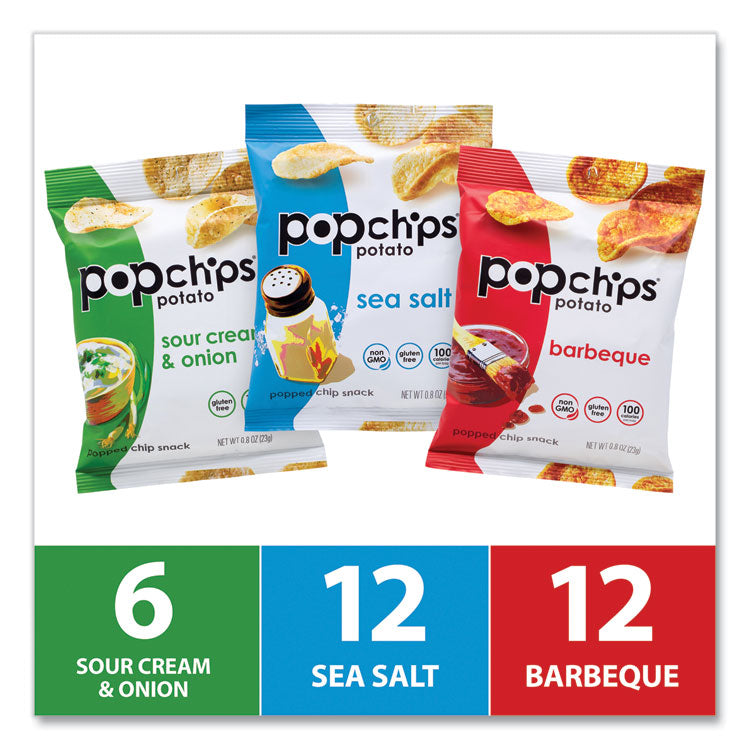 popchips® Potato Chips, Variety Pack, Barbeque, Sea Salt, Sour Cream and Onion, 0.8 oz Bag, 30/Pack, Ships in 1-3 Business Days (GRR22001998)