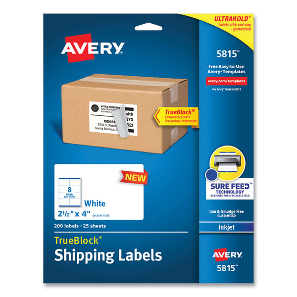 Avery® Shipping Labels with TrueBlock Technology, Inkjet Printers, 2.5 x 4, White, 8 Labels/Sheet, 25 Sheets/Pack (AVE5815)