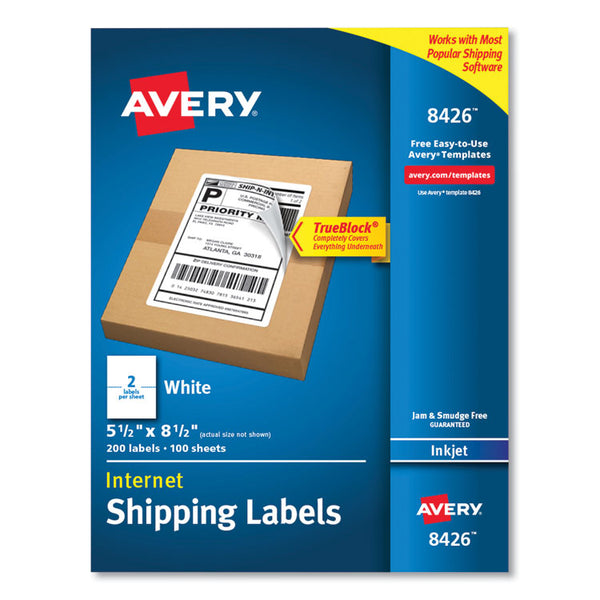 Avery® Shipping Labels with TrueBlock Technology, Inkjet Printers, 5.5 x 8.5, White, 2 Labels/Sheet, 100 Sheets/Pack, 2 Packs (AVE8426)