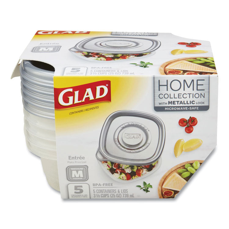 Glad® Home Collection Food Storage Containers with Lids, Medium Square, 25 oz, Clear/Metallic, Plastic, 5/Pack (CLOXZA60795)