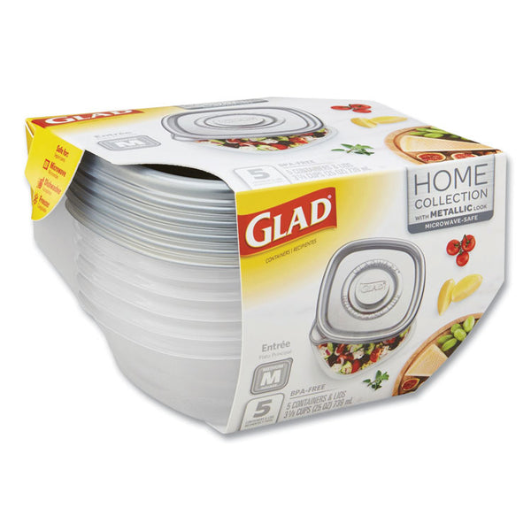 Glad® Home Collection Food Storage Containers with Lids, Medium Square, 25 oz, Clear/Metallic, Plastic, 5/Pack (CLOXZA60795)