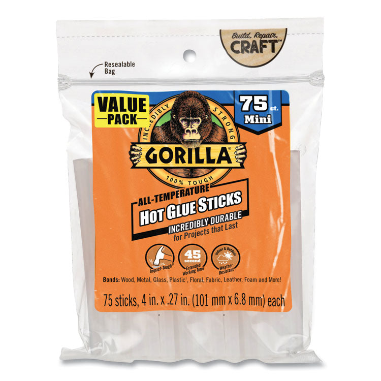 Gorilla® Mini Hot Glue Sticks, 0.27" dia x 4", Dries Clear, 75/Pack (GOR3027502) Each