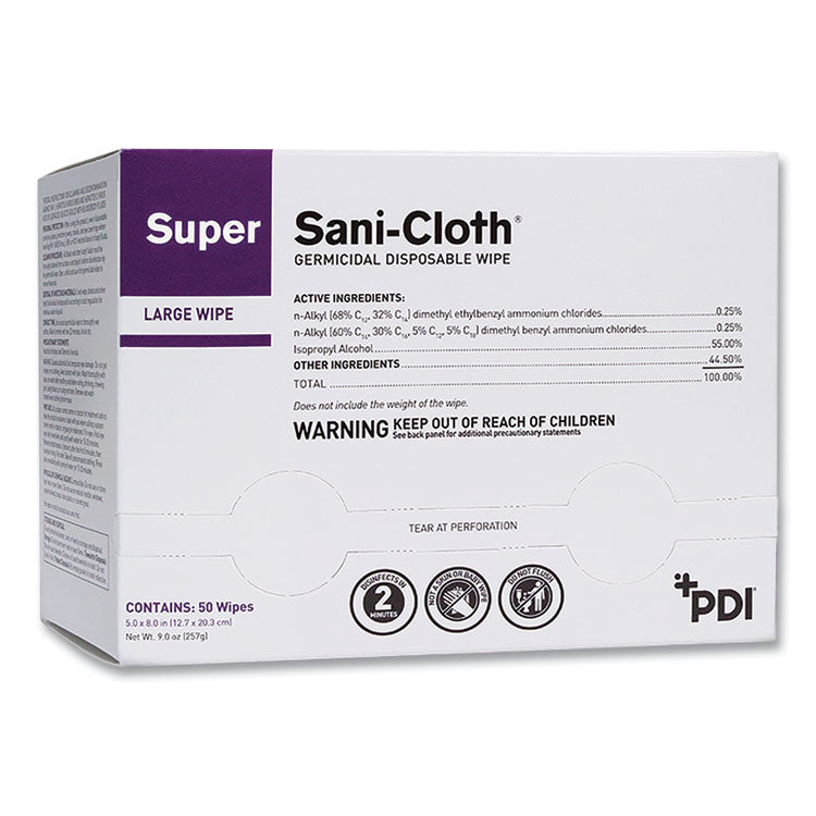 Sani Professional® Super Sani-Cloth Individually Wrapped Germicidal Disposable Wipes, Large, 1-Ply, 5 x 8, Unscented, White, 50/Pack (PDIH04082)