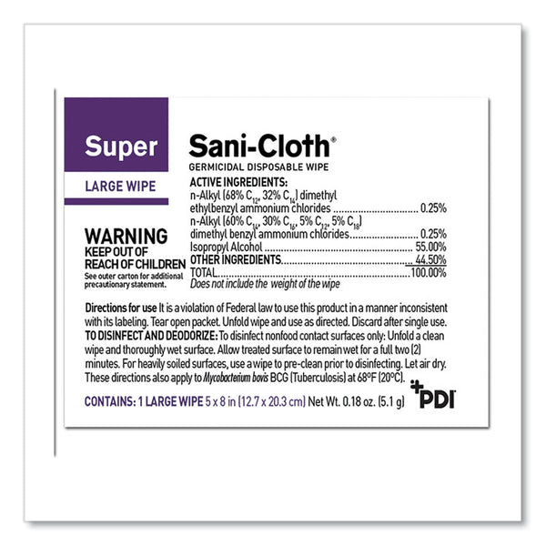 Sani Professional® Super Sani-Cloth Individually Wrapped Germicidal Disposable Wipes, Large, 1-Ply, 5 x 8, Unscented, White, 50/Pack (PDIH04082)