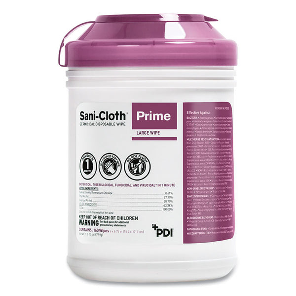 Sani Professional® Sani-Cloth Prime Germicidal Disposable Wipes, Large, 1-Ply, 6 x 6.75, Unscented, White, 160/Canister, 12 Canisters/Carton (PDIP25372)