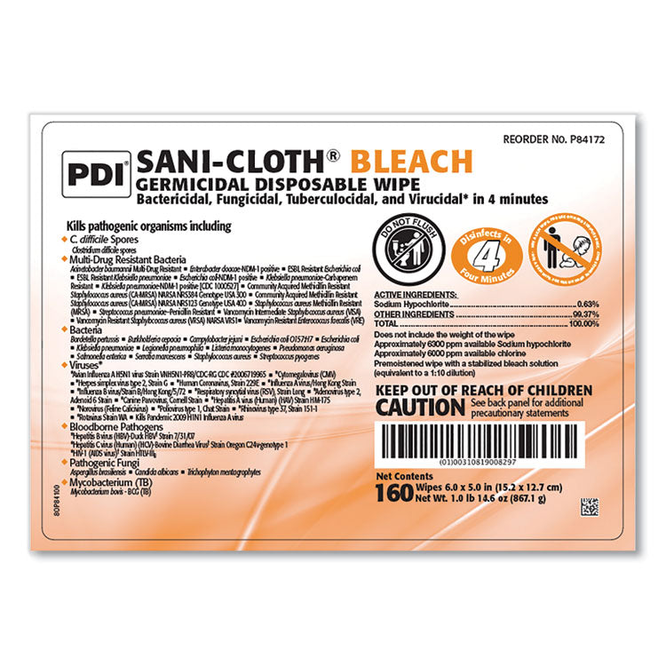 Sani Professional® Sani-Cloth Bleach Germicidal Disposable Wipes, 1-Ply, 7.5 x 15, Unscented, White, 160/Canister, 12 Canisters/Carton (PDIP84172)