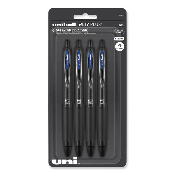 uniball® 207 Plus+ Gel Pen, Retractable, Medium 0.7 mm, Blue Ink, Black Barrel, 4/Pack (UBC70457)