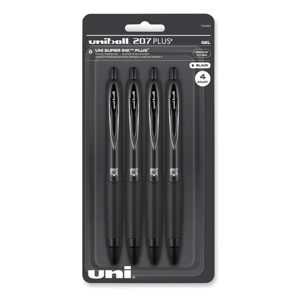 uniball® 207 Plus+ Gel Pen, Retractable, Medium 0.7 mm, Black Ink, Black Barrel, 4/Pack (UBC70460)