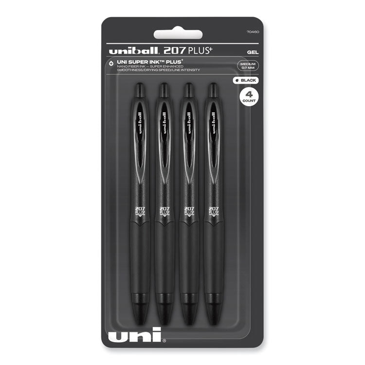 uniball® 207 Plus+ Gel Pen, Retractable, Medium 0.7 mm, Black Ink, Black Barrel, 4/Pack (UBC70460) Pack of 4
