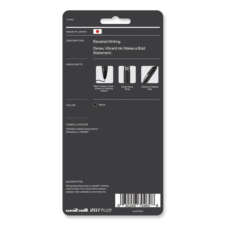 uniball® 207 Plus+ Gel Pen, Retractable, Medium 0.7 mm, Black Ink, Black Barrel, 4/Pack (UBC70460) Pack of 4