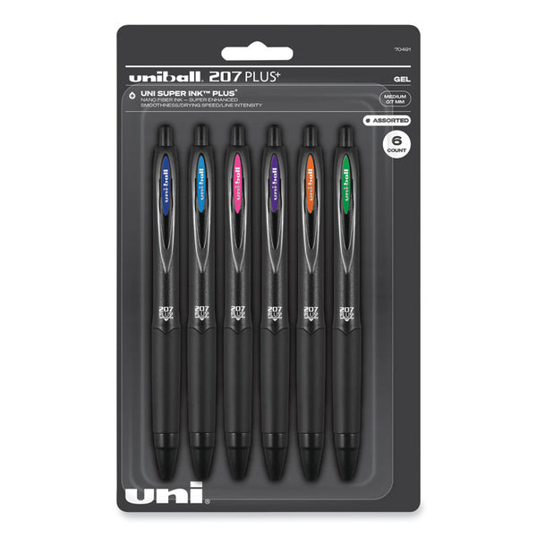 uniball® 207 Plus+ Gel Pen, Retractable, Medium 0.7 mm, Assorted Inspirational Ink Colors, Black Barrel, 6/Pack (UBC70491)