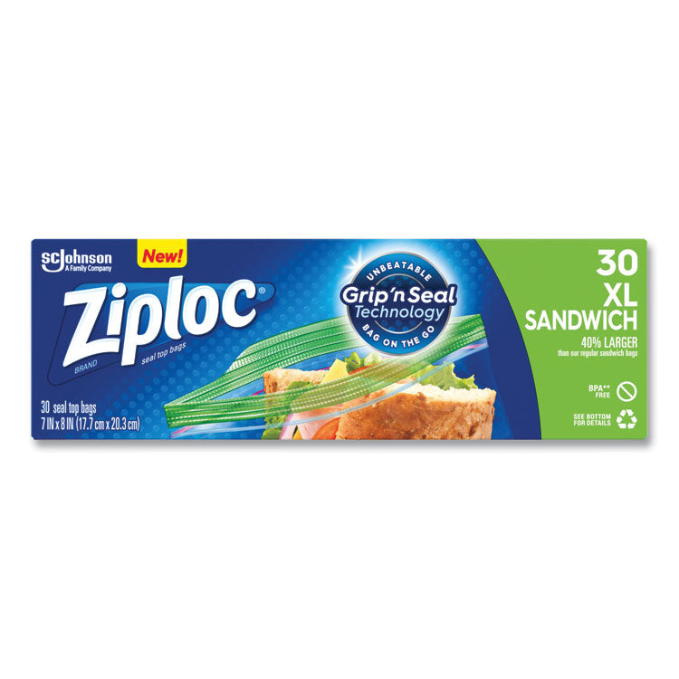Ziploc® Sandwich Seal Top Bags, 8" x 7", Clear, 30/Box (SJN315880)