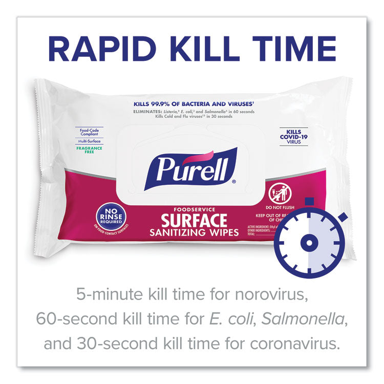 PURELL® Foodservice Surface Sanitizing Wipes, 1-Ply, 7.4 x 9, Fragrance-Free, White, 72/Pouch, 12 Pouches/Carton (GOJ937112CT) Case of 12