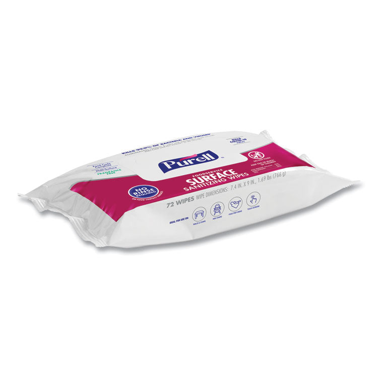 PURELL® Foodservice Surface Sanitizing Wipes, 1-Ply, 7.4 x 9, Fragrance-Free, White, 72/Pouch, 12 Pouches/Carton (GOJ937112CT) Case of 12