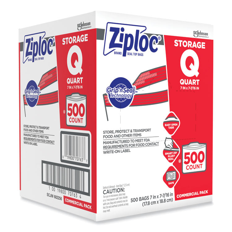 Ziploc® Double Zipper Storage Bags, 1 qt, 1.75 mil, 7" x 7.75", Clear, 500/Box (SJN682256)