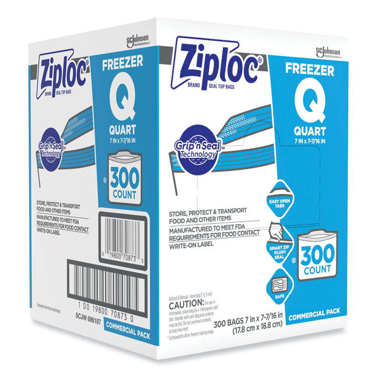 Ziploc® Double Zipper Freezer Bags, 1 qt, 2.7 mil, 7" x 7.75", Clear, 300/Carton (SJN696187)