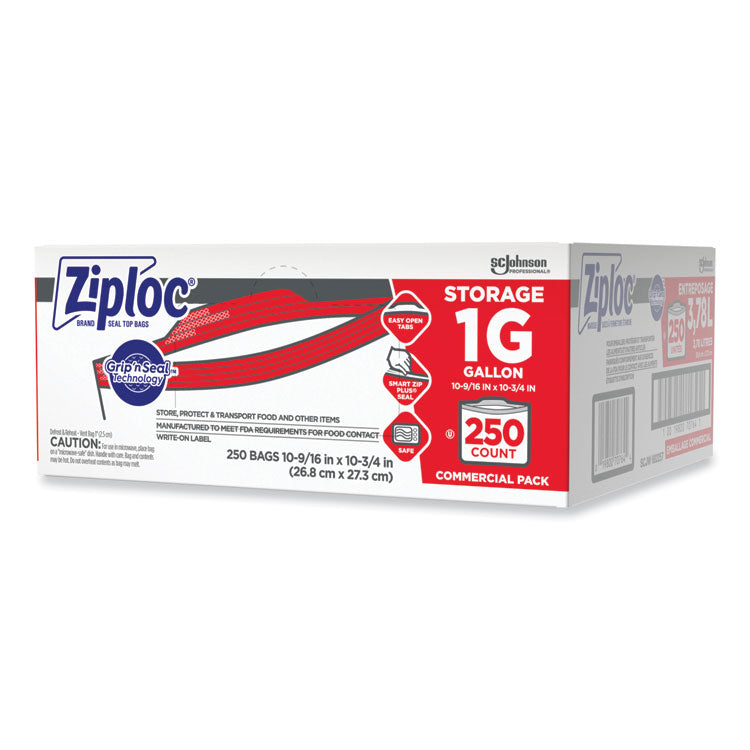Ziploc® Double Zipper Storage Bags, 1 gal, 1.75 mil, 10.56" x 10.75", Clear, 250/Box (SJN682257)
