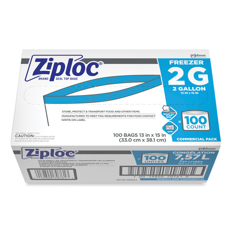 Ziploc® Double Zipper Freezer Bags, 2 gal, 2.7 mil, 13" x 15.5", Clear, 100/Carton (SJN682254)