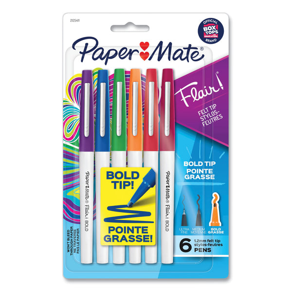 Paper Mate® Flair Felt Tip Porous Point Pen, Stick, Bold 1.2 mm, Assorted Ink Colors, White Pearl Barrel, 6/Pack (PAP2125411) Pack of 6