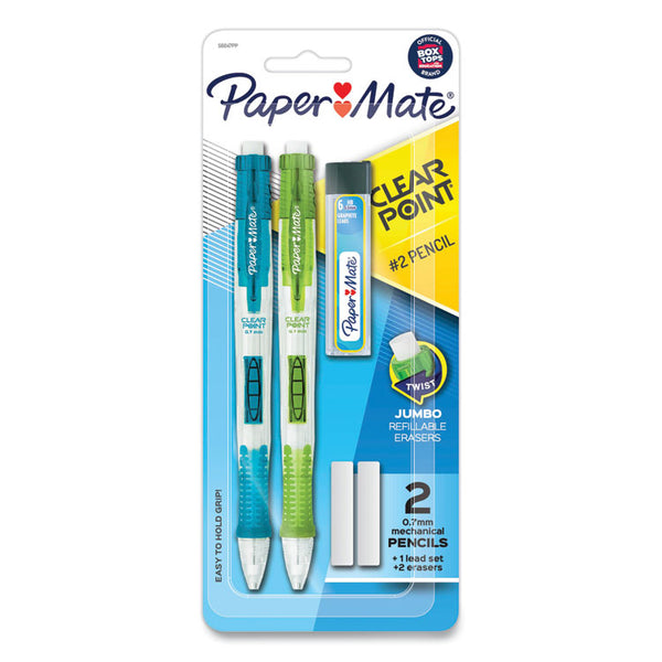 Paper Mate® Clear Point Mechanical Pencils with Tube of Lead/Erasers, 0.7 mm, HB (#2), Black Lead, Randomly Assorted Barrel Colors, 2/PK (PAP56047PP)