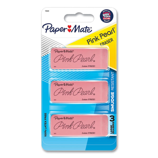 Paper Mate® Pink Pearl Eraser, For Pencil Marks, Rectangular Block, Large, Pink, 3/Pack (PAP70501)